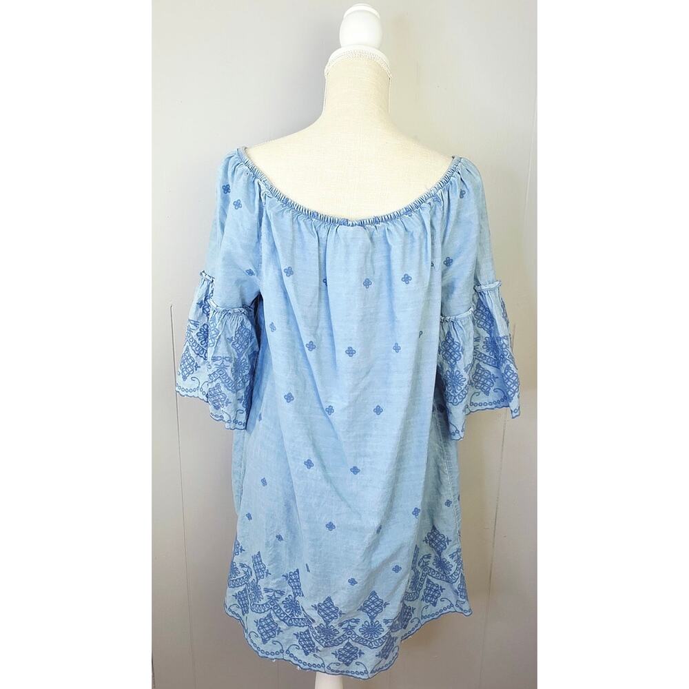 St. John’s Bay Dress Large Blue Embroidered Bell Sleeve Boho Peasant Coastal - Picture 3 of 12